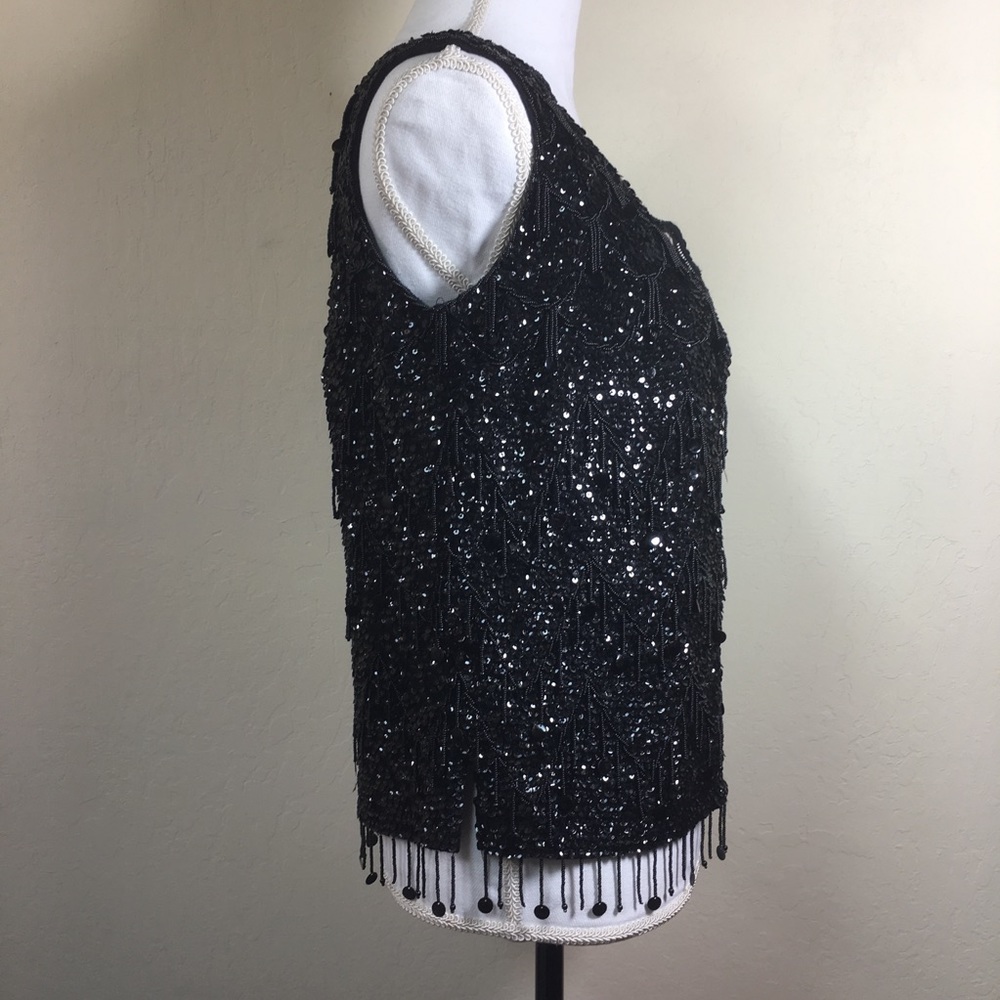 Vintage Black Sequin Beaded Vest Sz M - Picture 2 of 8